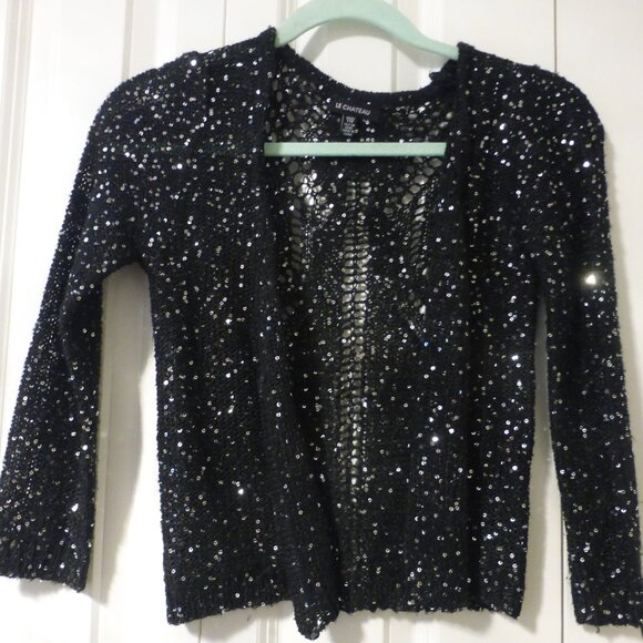 LE CHATEAU black shimmery sequins open front three quarter sleeve cardigan - Picture 1 of 9